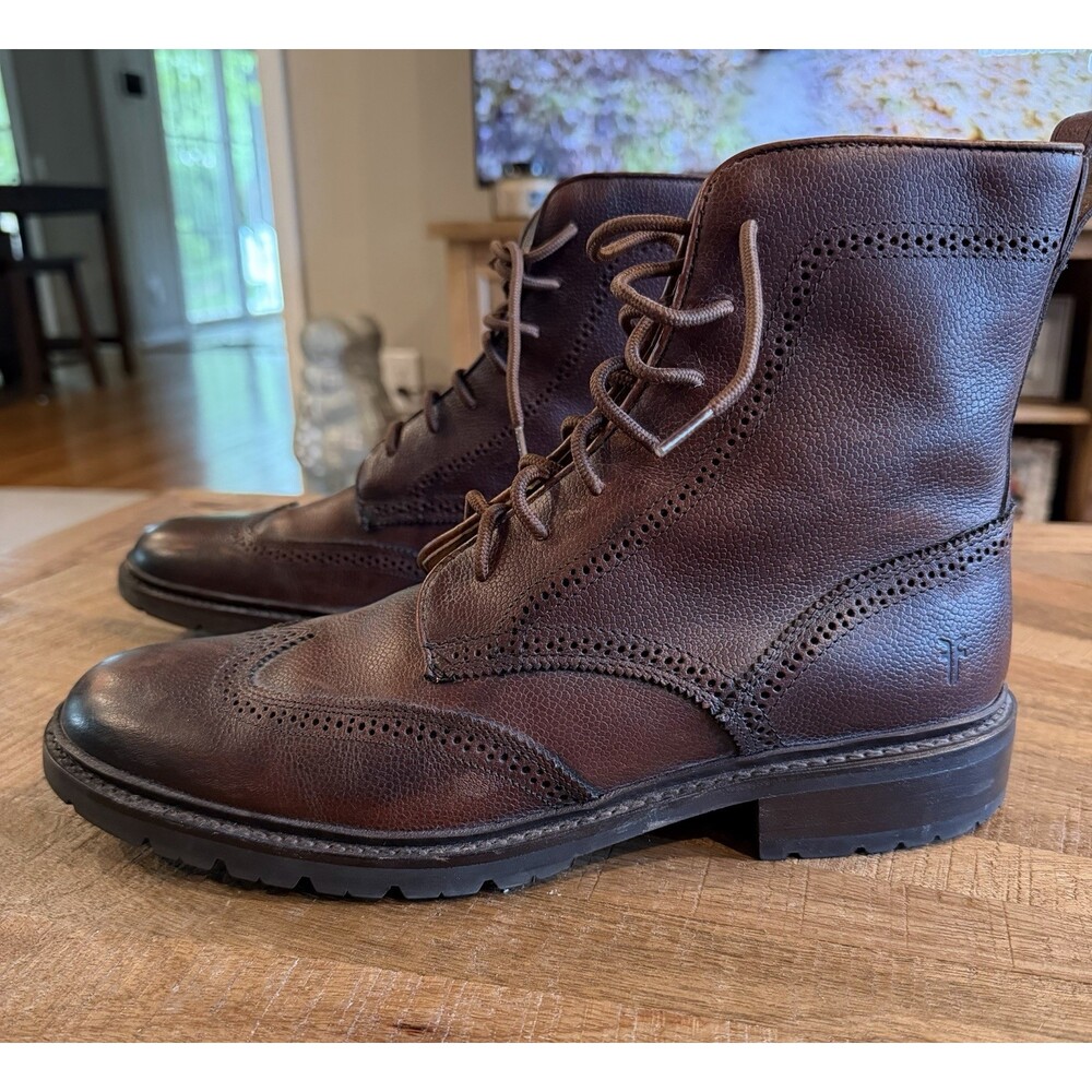 Frye James Lug Wingtip Boots Mens 11D Brown Pebbled Leather Lace Up - Picture 4 of 11